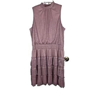 MSK Women's Mauve Pink Metallic Ruffle Dress – High Neck, Size 3X Silver Accents